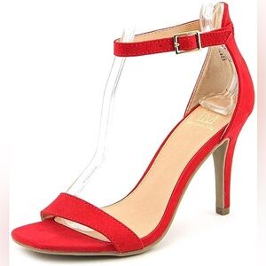 red faux suede ankle strap stiletto holidays festive party Christmas heels 6.5